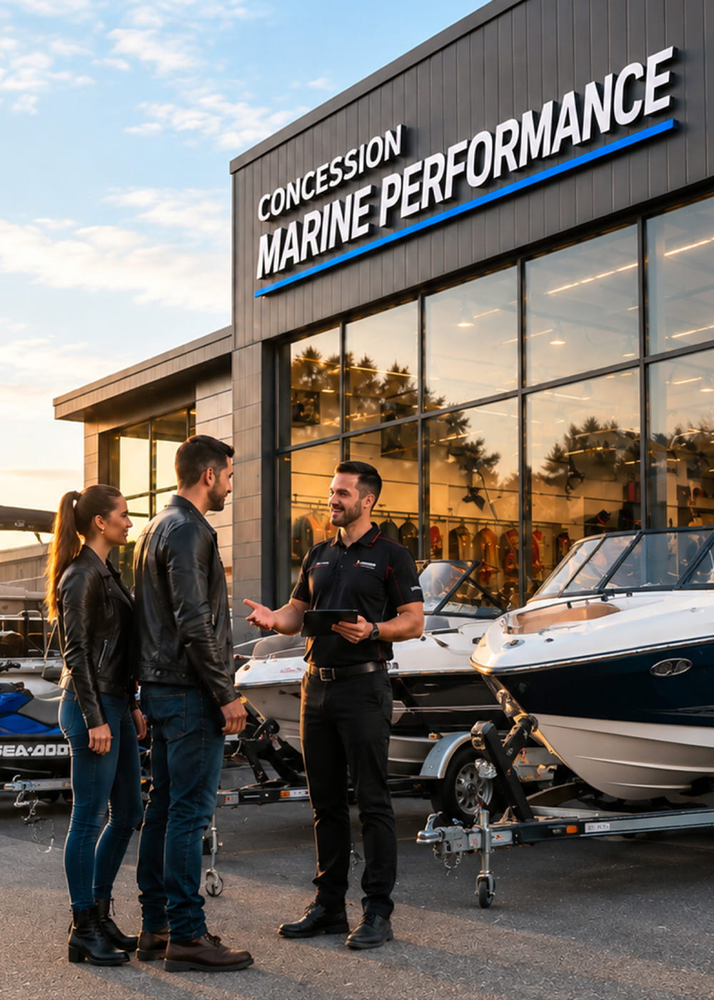 Représentante d'un concessionnaire présentant un bateau à des clients